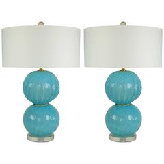 Matched Pair of Vintage Murano Opaline Ball Table Lamps in Blue