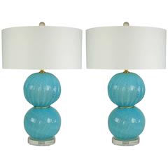 Matched Pair of Vintage Murano Opaline Ball Table Lamps in Blue 8