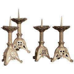 Pair 19th Century French Gothic Bronze Altar Candlesticks 3