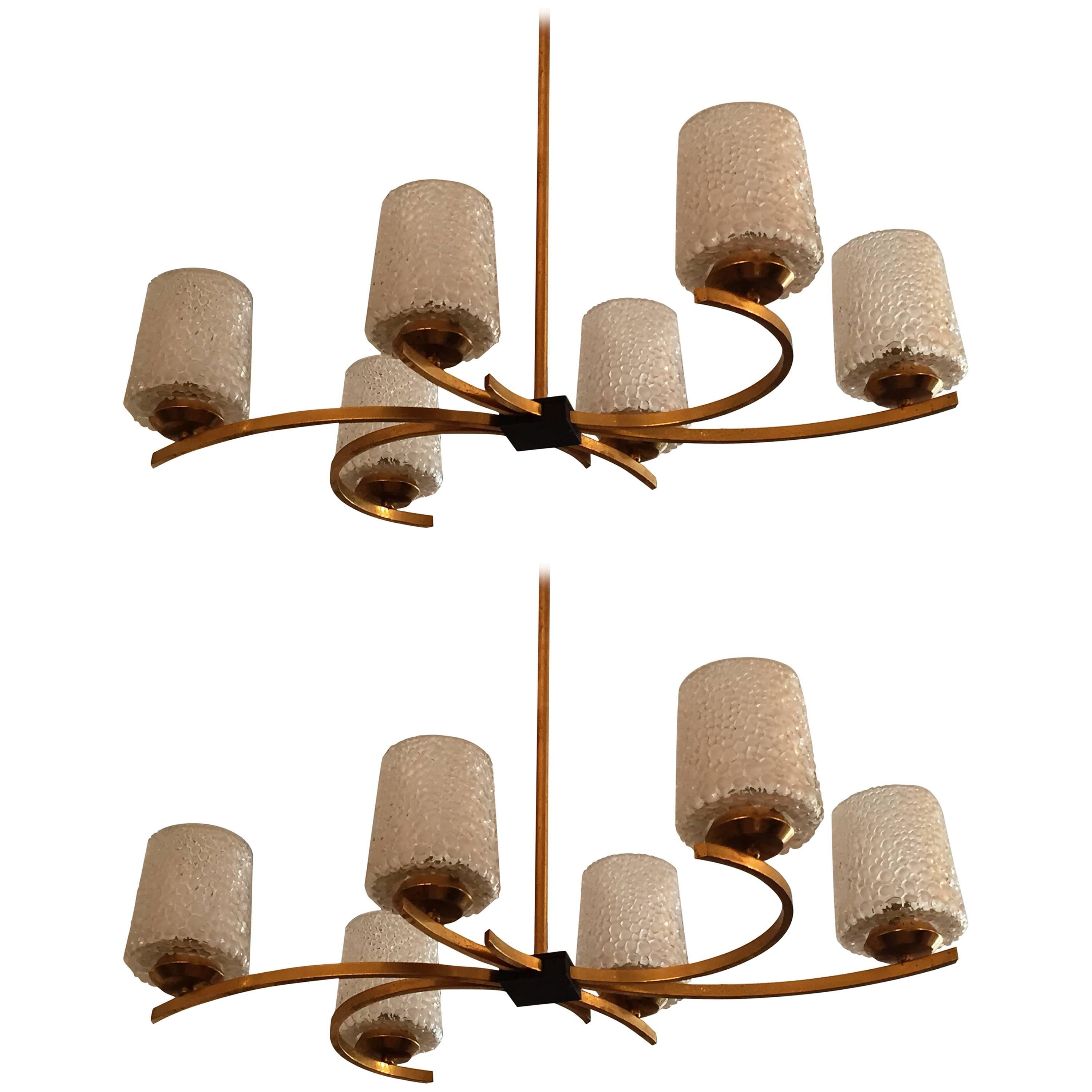 Pair of Arlus French 1960s Moderne Pendant Chandeliers