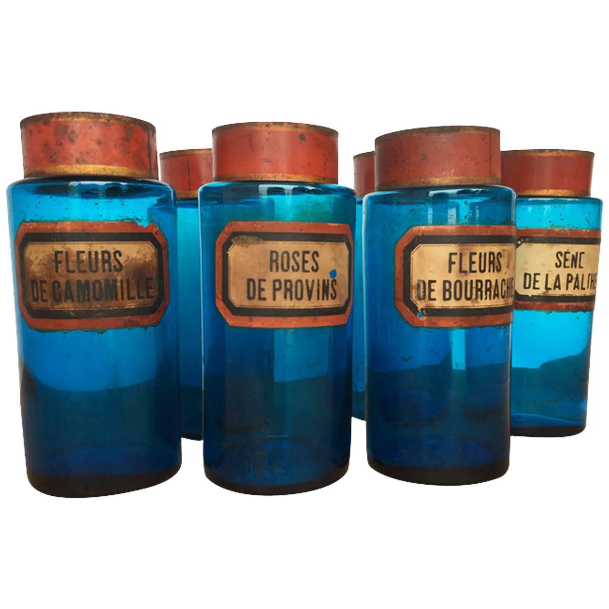 Set of Six Vintage French Blue Glass Apothecary Jars