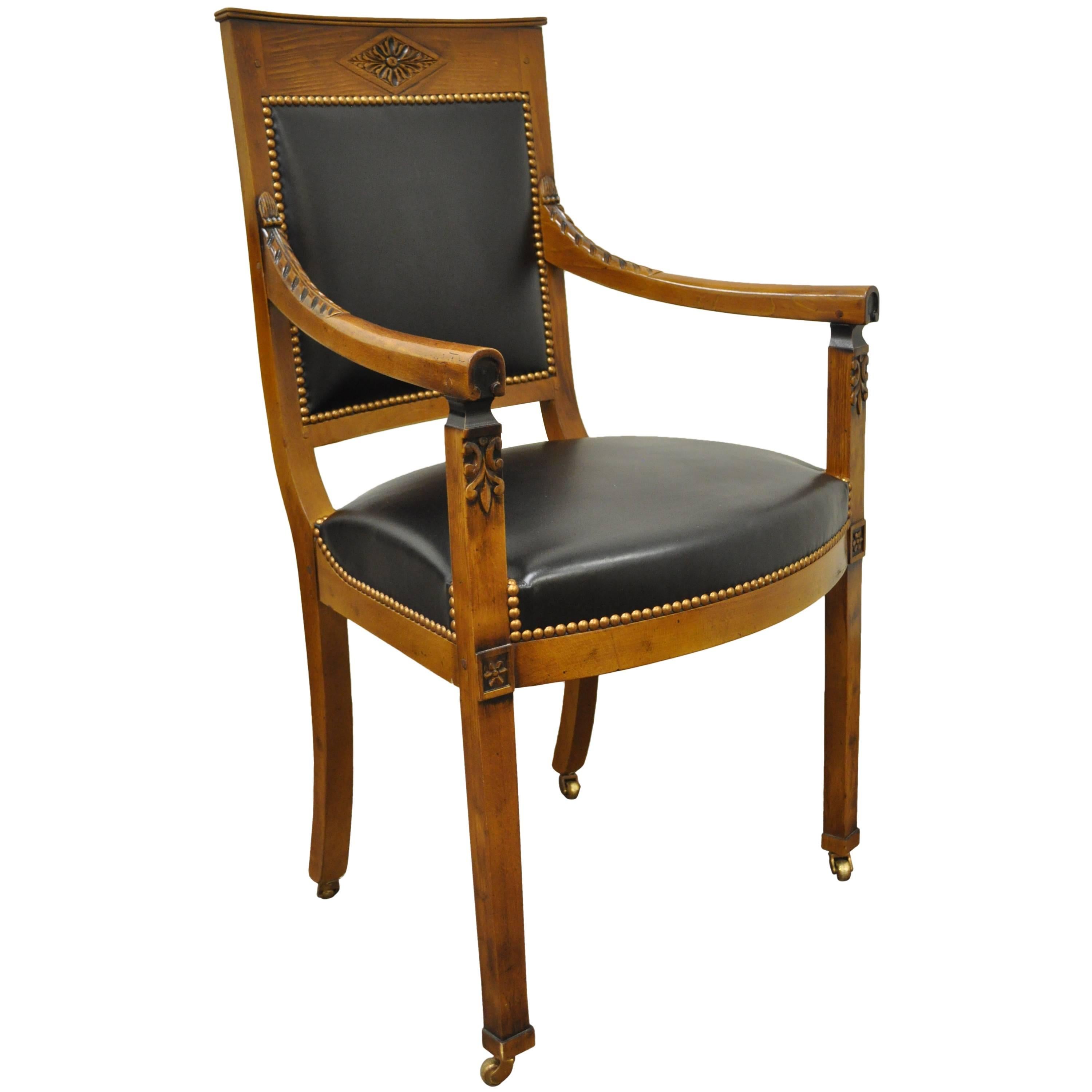 French Empire Louis XVI Directoire Style Cherry Black Leather Desk Arm Chair