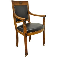 Vintage French Empire Louis XVI Directoire Style Cherry Black Leather Desk Arm Chair