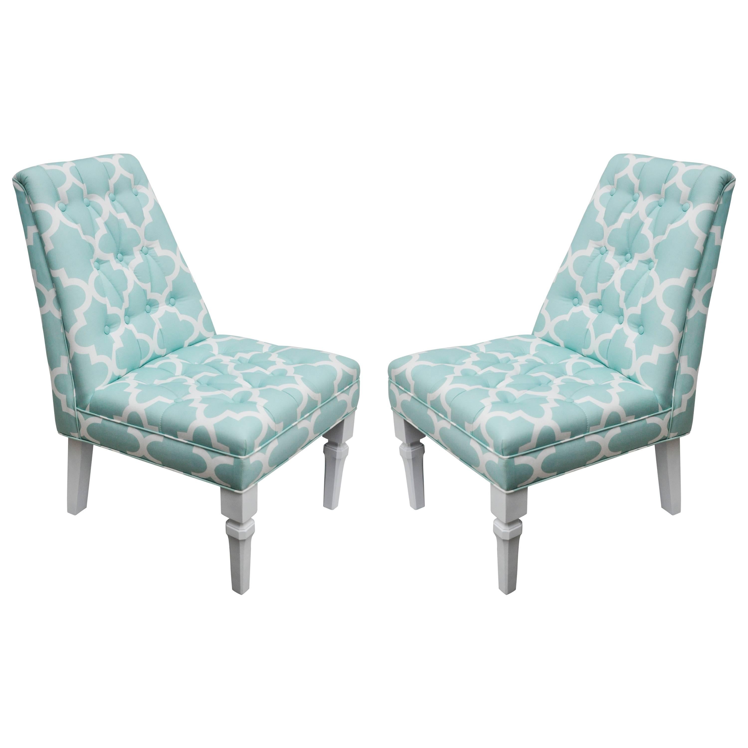 Vintage Moroccan Style Pr of Turquoise/White Upholstered Chairs For Sale