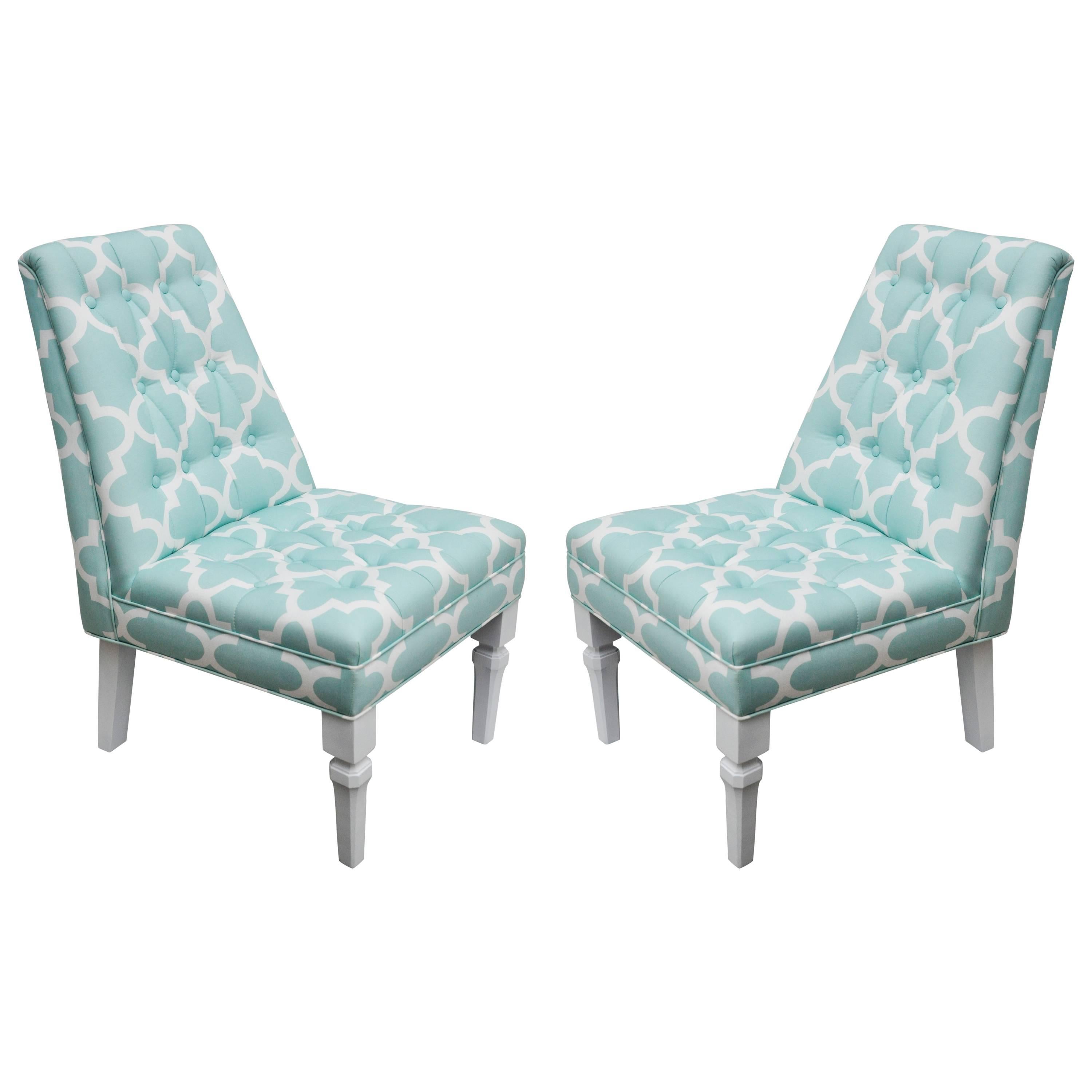 Vintage Moroccan Style Pr of Turquoise/White Upholstered Chairs For Sale