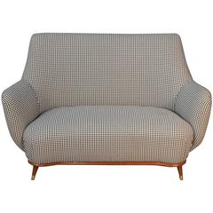 Mid-Century Settee with Custom Houndstooth and Pleated Velvet Upholstery
