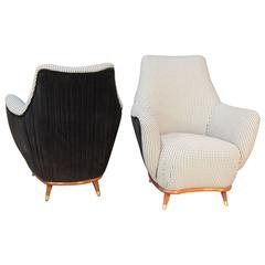 Pair of Mid-Century Club Chairs with Houndstooth and Pleated Velvet Upholstery