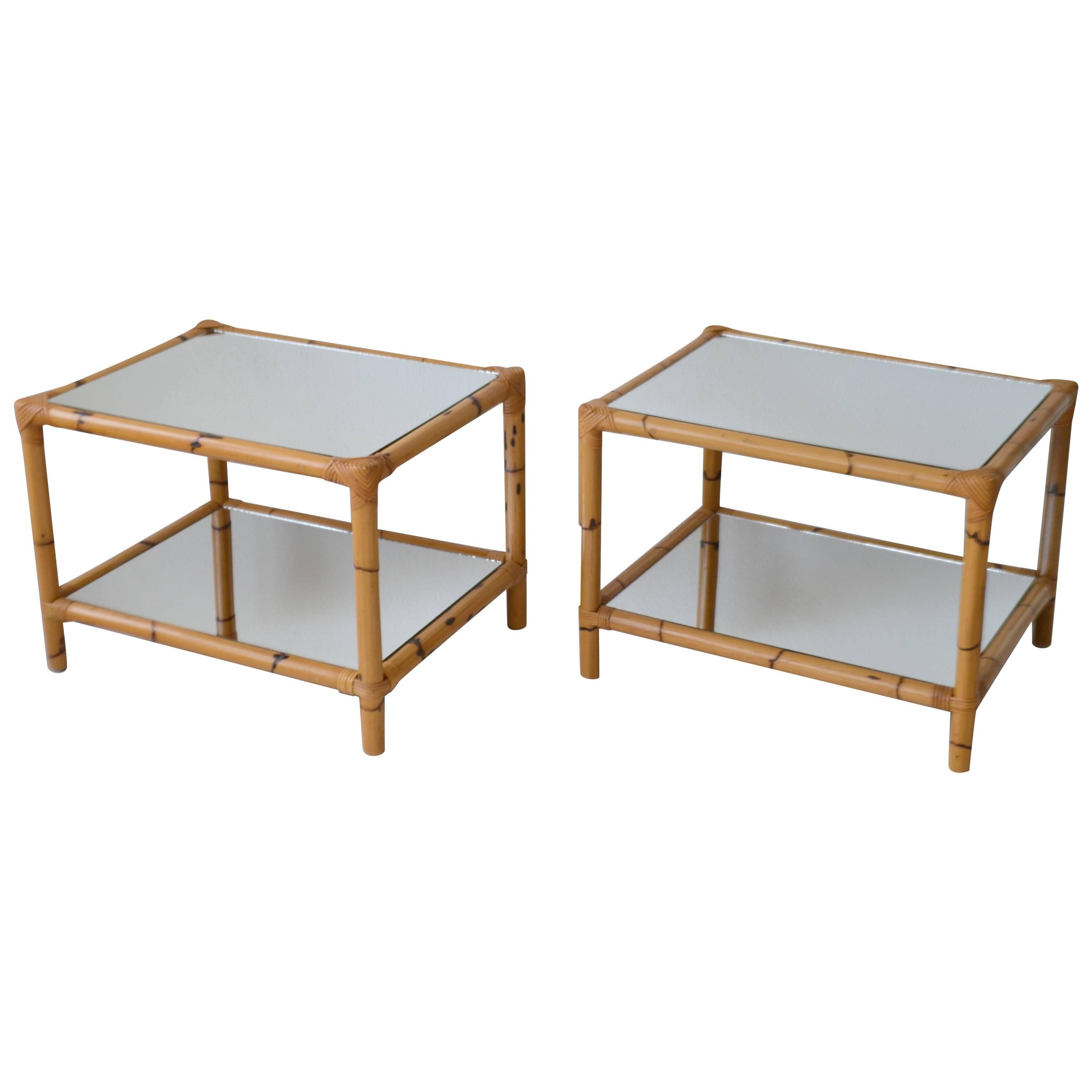 Pair of Midcentury Mirrored Bamboo Two-Tier Side Tables