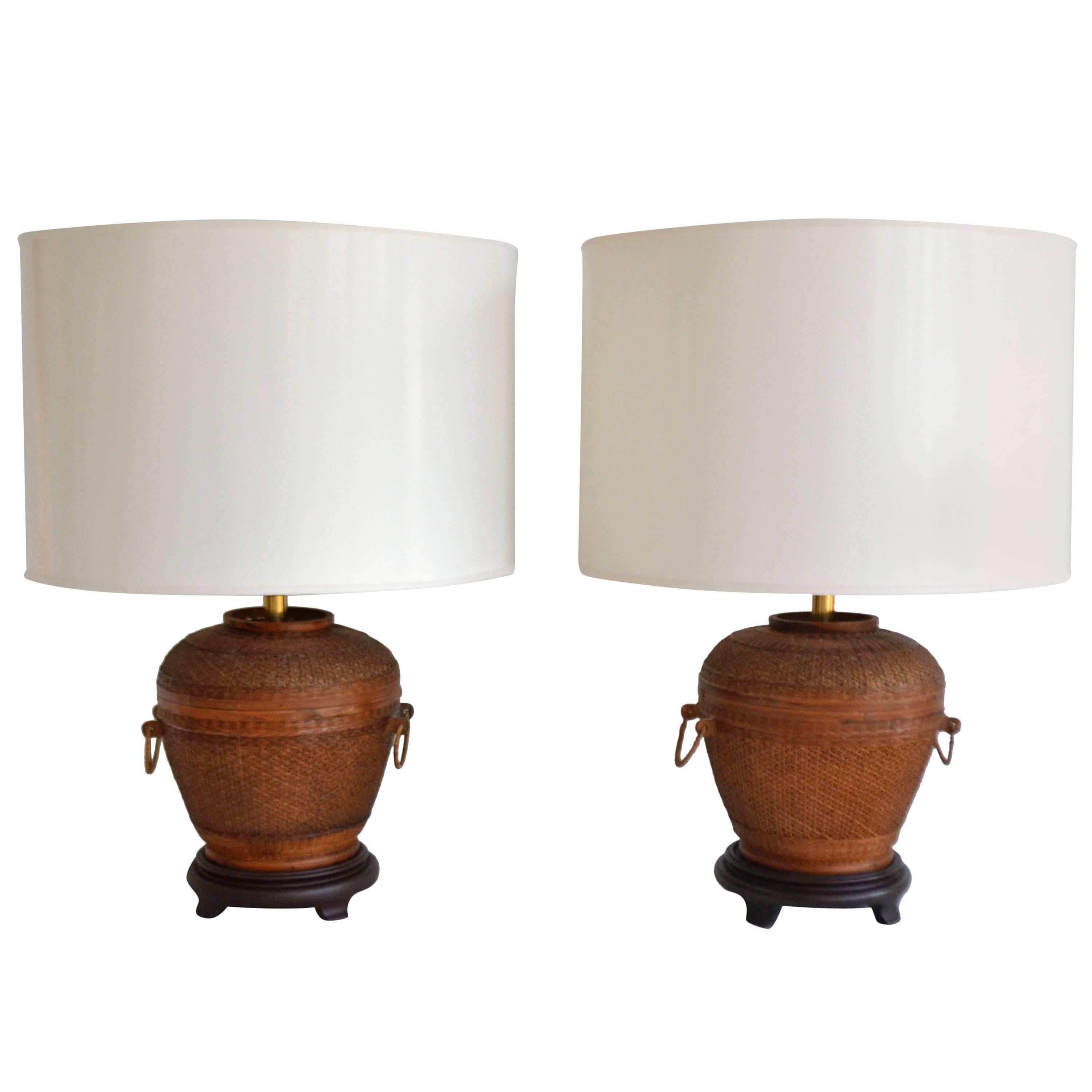 Pair of Mid-Century Woven Reed Basket Form Table Lamps