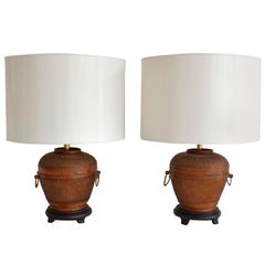 Retro Pair of Mid-Century Woven Reed Basket Form Table Lamps