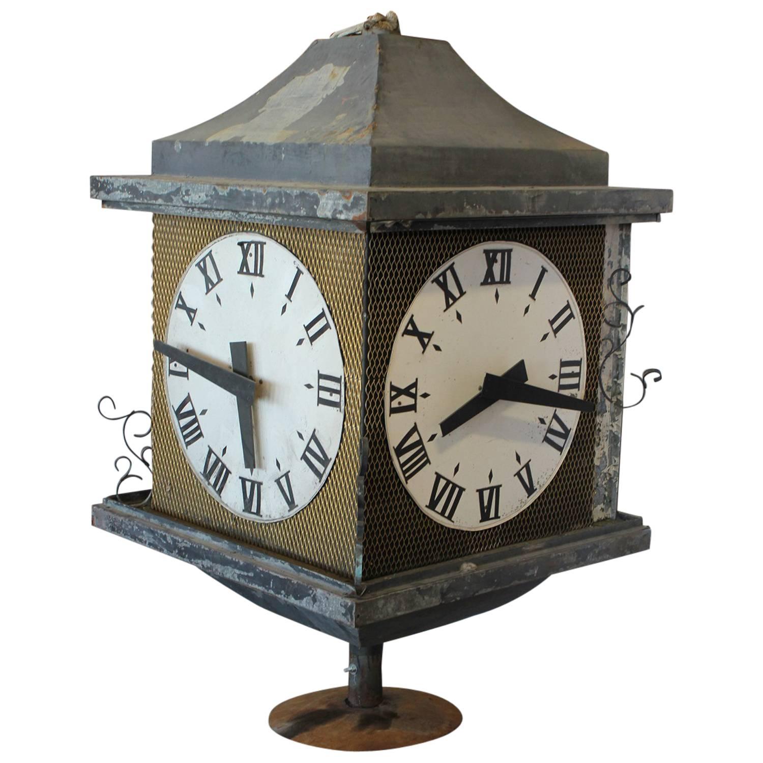 Large Antique Three Sided Outdoor Bank Clock