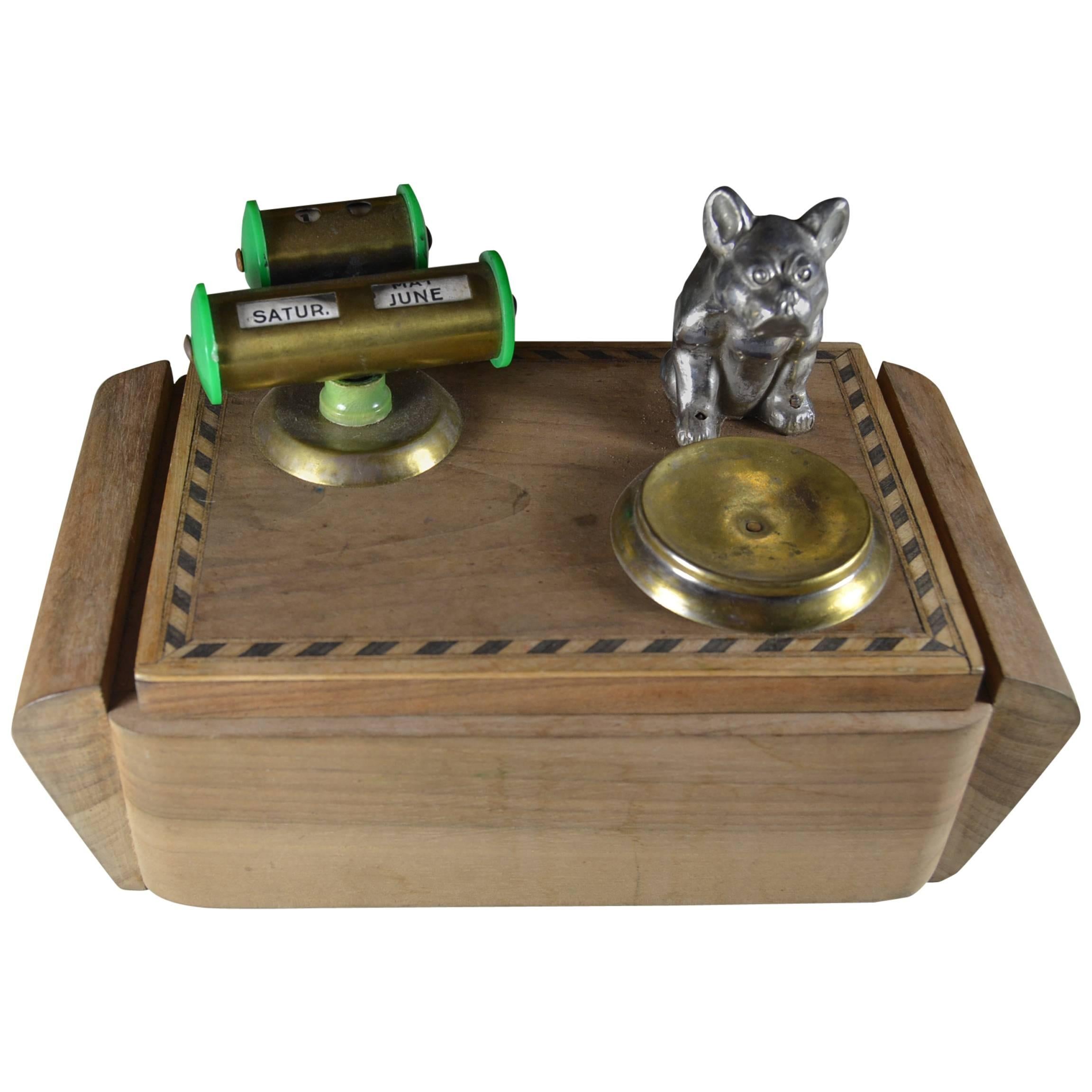 Art Deco Wooden Desktop Cigarette Box with Bulldog Figure on top