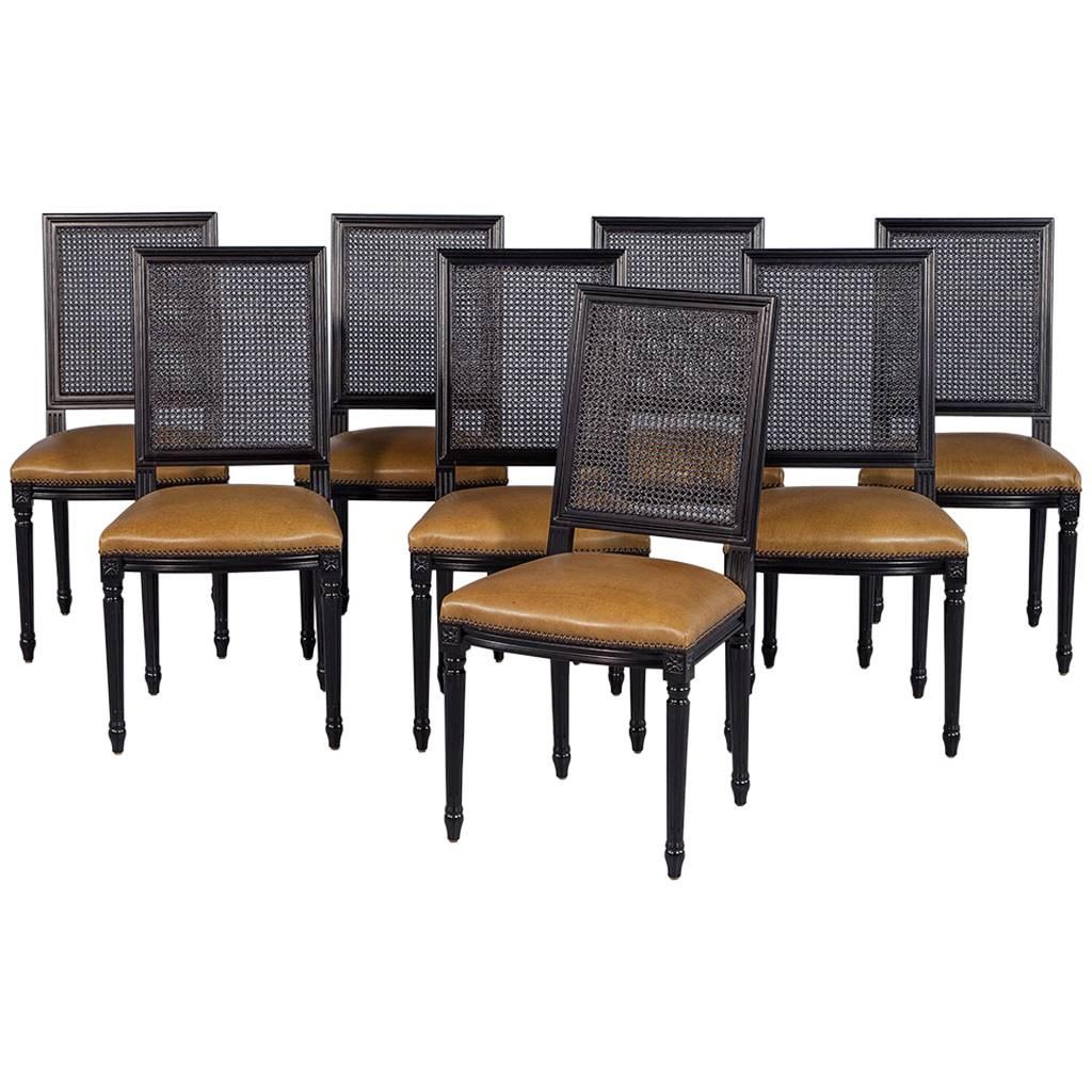 Set of Eight Custom Black Lacquered Louis Capet Cane Back Side Chairs