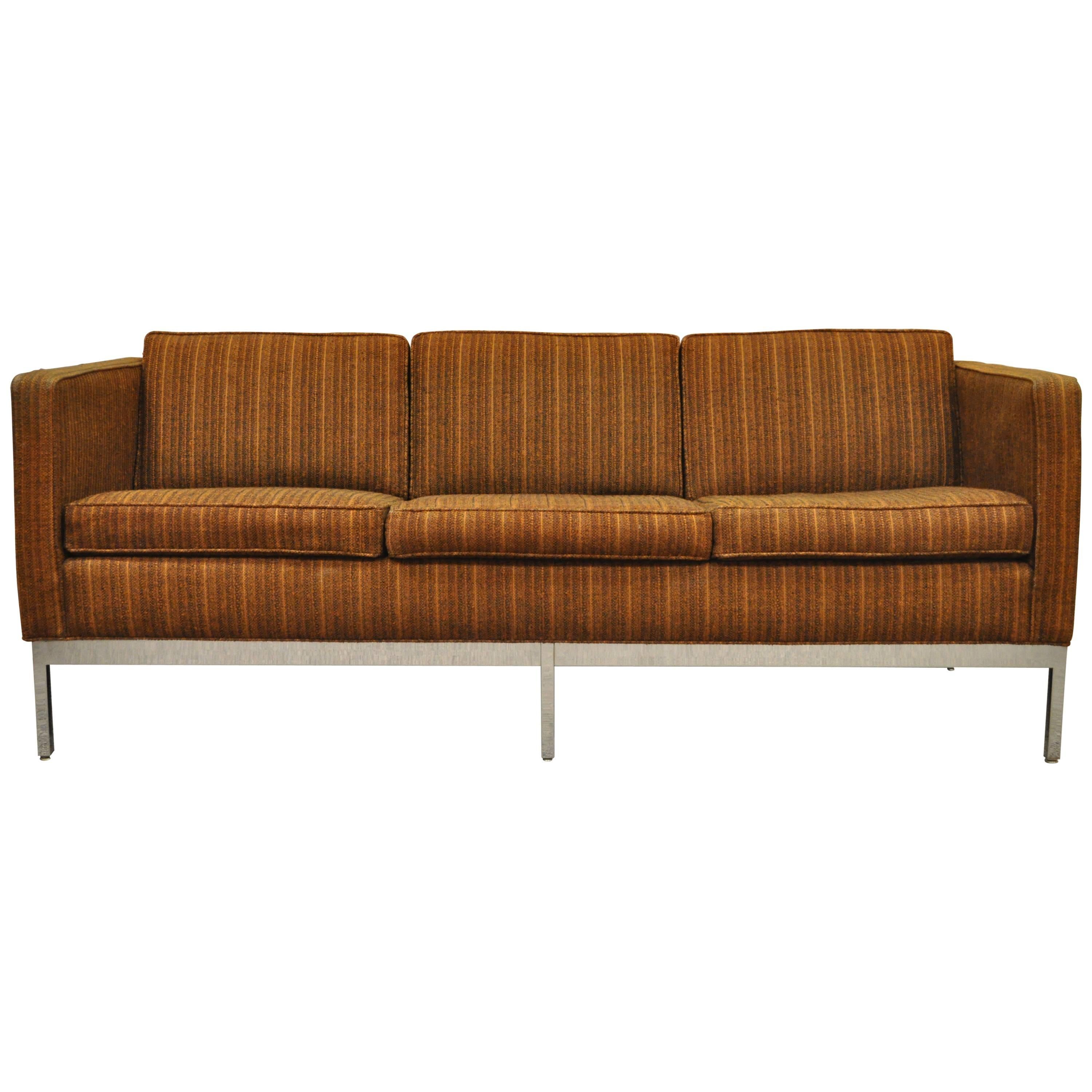 Mid Century Modern Chrome Frame Brown Case Sofa by Patrician after Milo Baughman