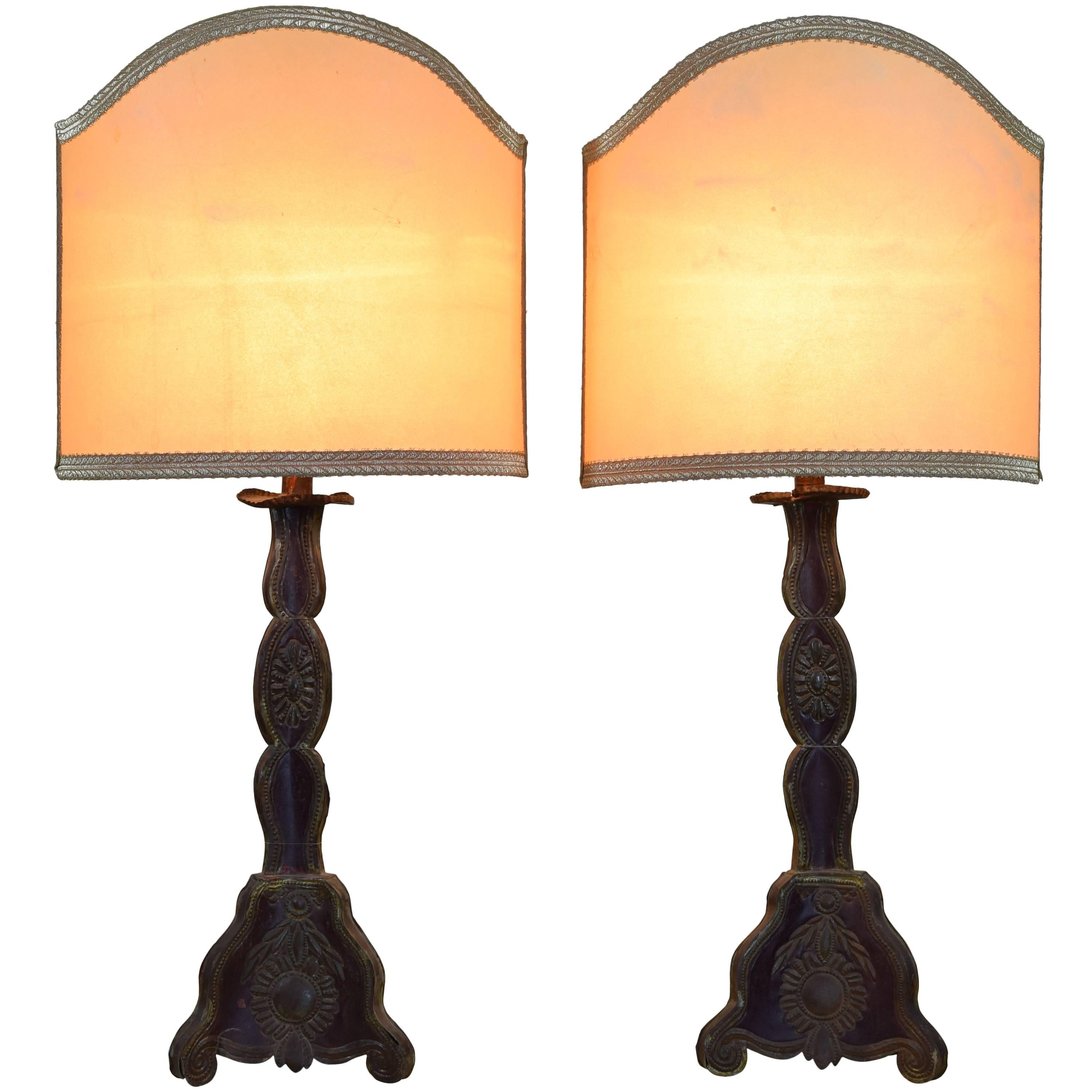 Sicilian Painted Tole Candlesticks Mounted as Table Lamps Pair 18th-19th Century