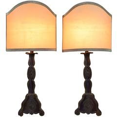 Sicilian Painted Tole Candlesticks Mounted as Table Lamps Pair 18th-19th Century