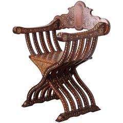 Late 19th Century Italian Walnut Savonarola Chair with Bone Inlay