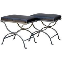 Pair of Chic Wrought Iron and Soft Grain Black Leather Stools