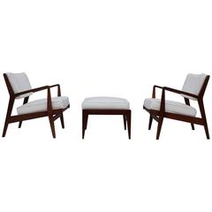 Jens Risom Walnut Lounge Chairs and Ottoman