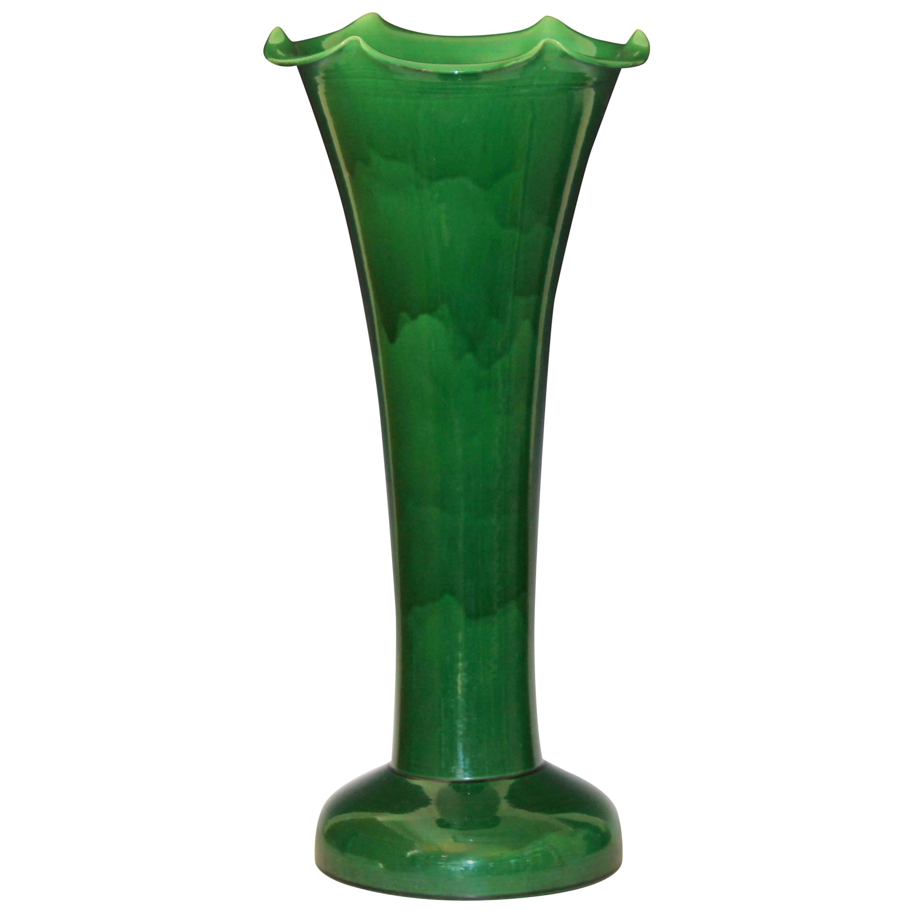 Large Art Nouveau Awaji Pottery Ruffle Rim Trumpet Form Vase For Sale