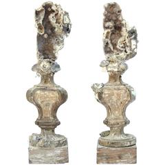 Pair of 18th Century Italian Church Vases Decorated with Agate Coral and Shells