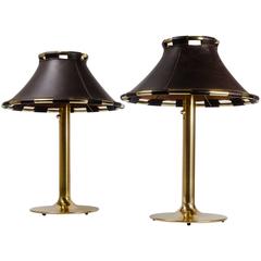 Pair of Large Swedish Lamps in Brass and Dark Brown Leather Shades 10