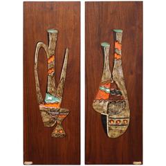 Maurice Chalvignac Art Pottery and Teak Wall Plaques