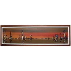 Mid-Century Cityscape Oil Painting in Teak Frame