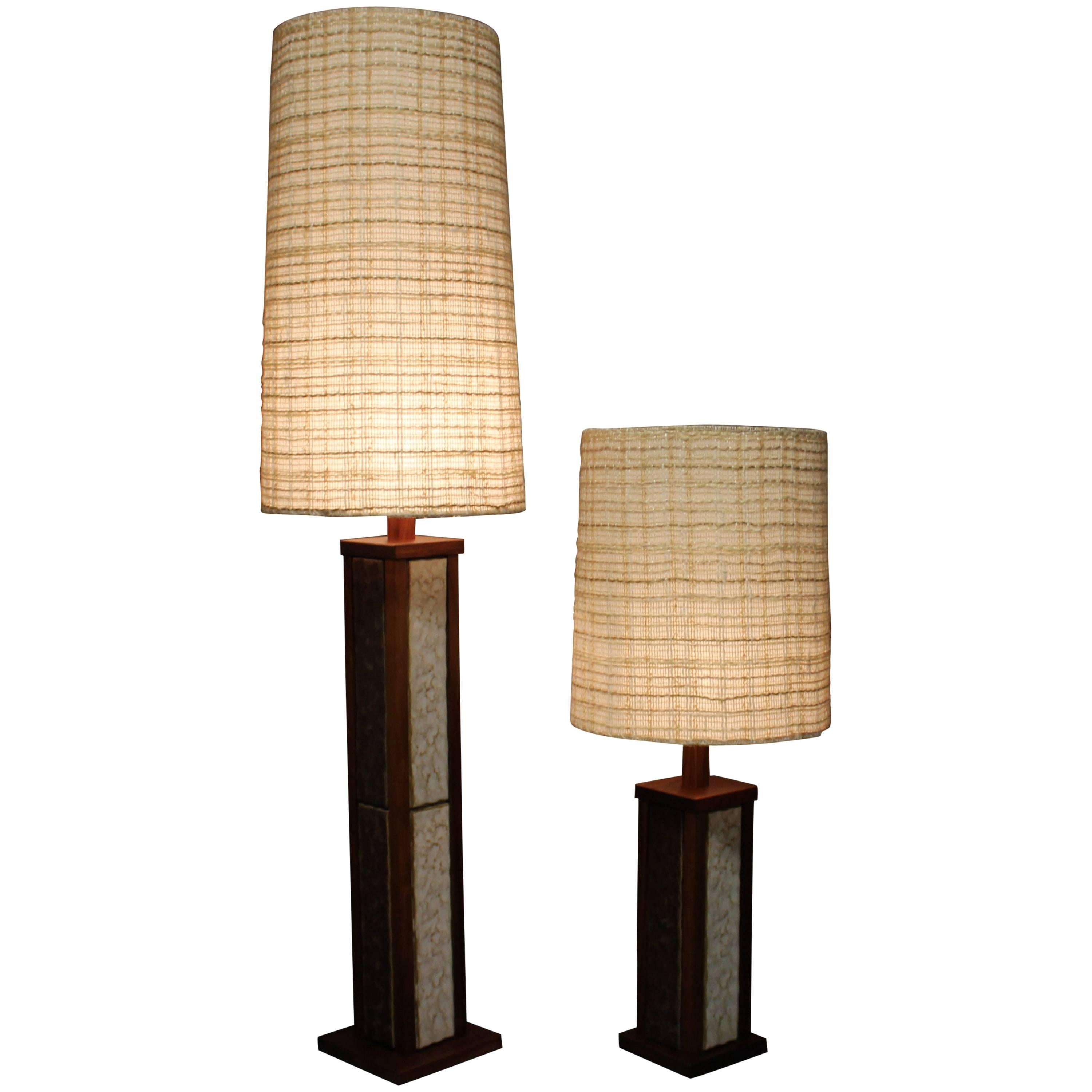 Mid-Century Modern Rosewood and Ceramic Matching Floor and Table Lamp