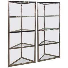 Milo Baughman Vintage Pair of Chrome Etageres Shelves Corner Triangle Display 9