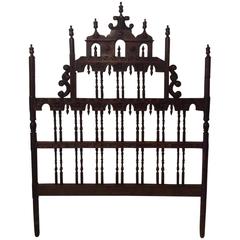 Pagoda Headboard Antique Full Queen Ornate Spanish Spindle Wood Chinoiserie