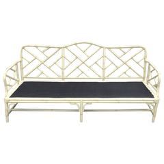 Chinese Chippendale Faux Bamboo Rattan Sofa Couch Chinoiserie Cushions Vintage