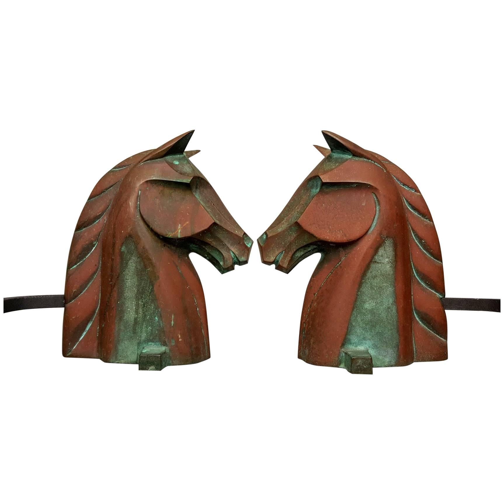 Equestrian Horse Head Andirons in Cast Bronze by Reynolds Jones