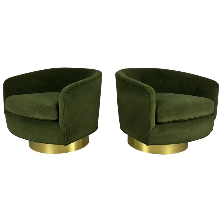 Swivel Lounge Chairs in Velvet with Polished Brass Bases, style of Milo