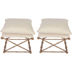 Pair of Gilt Wrought Iron Tabourets with Upholstered Seats