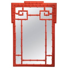 Greek Key Vintage Newly Lacquered Orange  Faux Bamboo Wall Mirror Chinoiserie