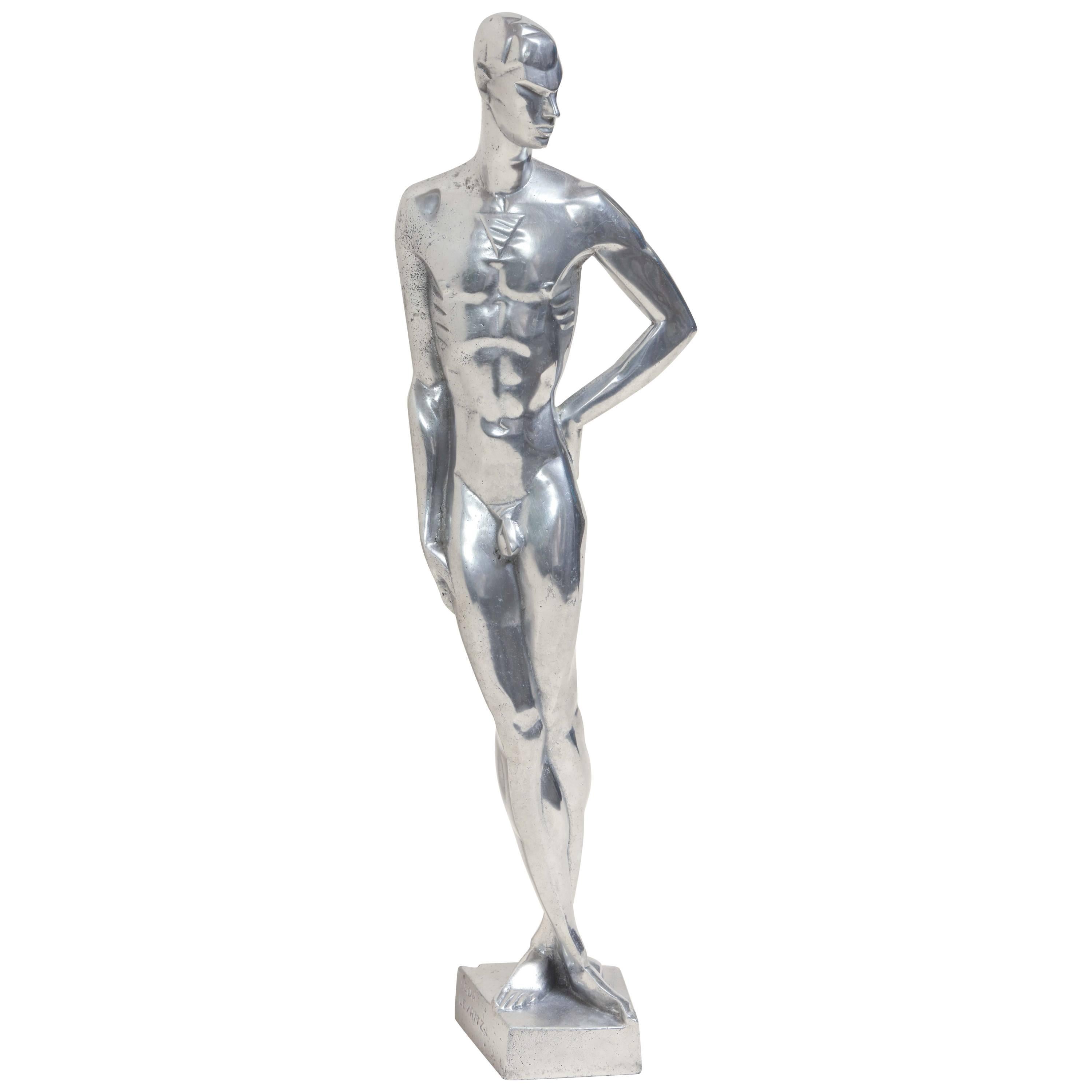 'Homme nu avec un bras sur la hanche' Aluminum Sculpture by Leon Leyritz For Sale