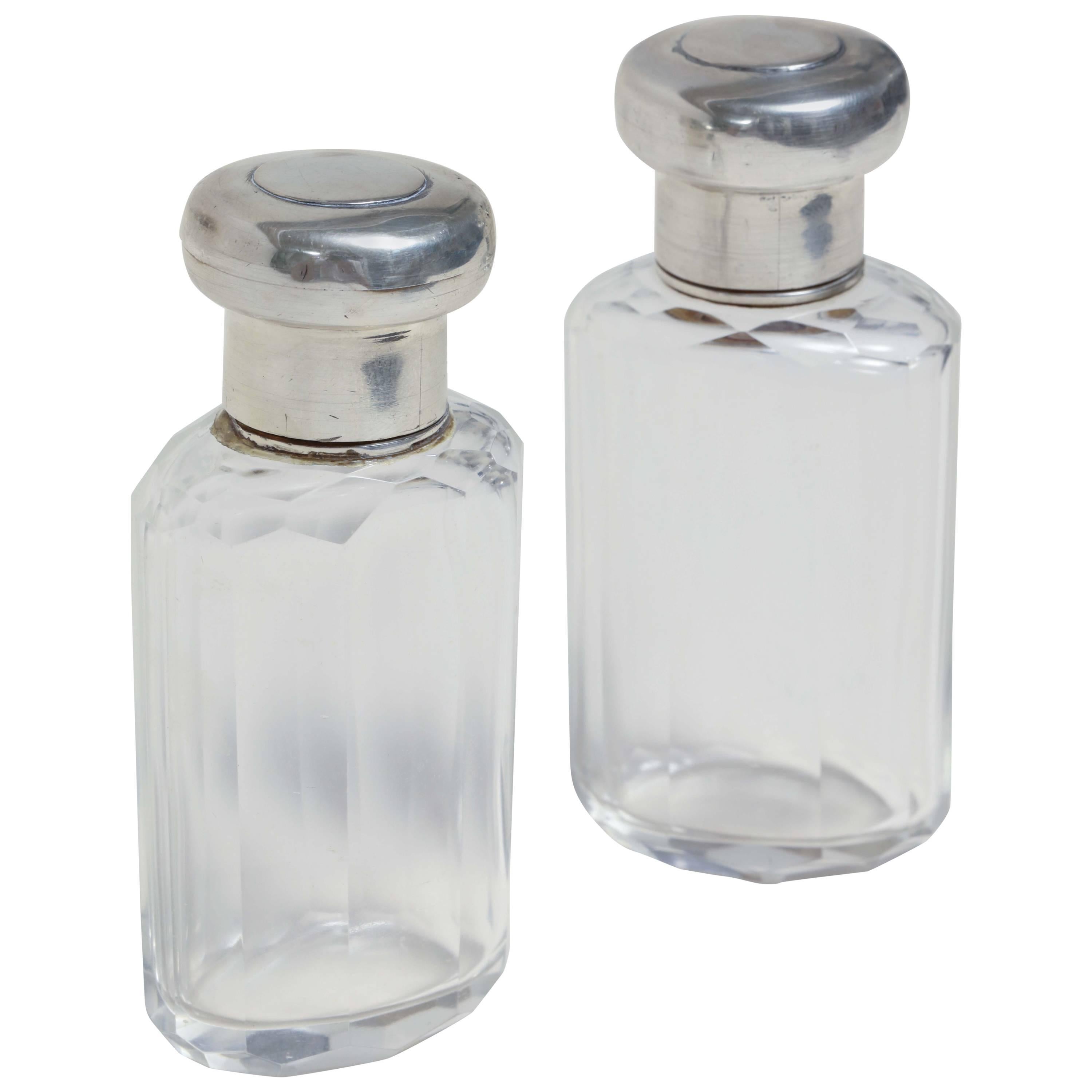 K.B. & Co. English Art Deco Pair of Crystal & Sterling Silver Scent Bottles
