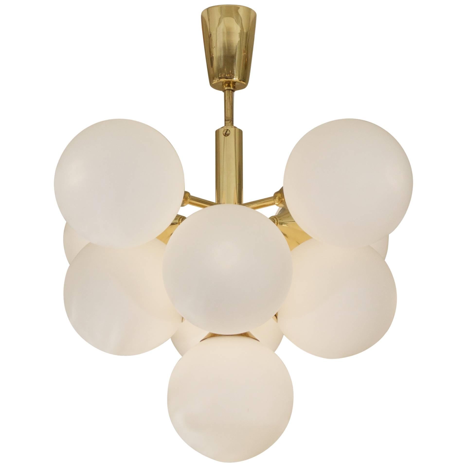 Brass Pyramid Sputnik Chandelier with Opal Globes at 1stDibs