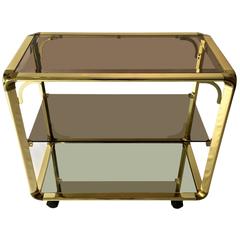 Brass Bar Cart With Smoked Glass Shelves and Mirrored Bottom