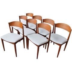 Set Eight Curved Back Danish Modern Restored Teak Dining Chairs Silver Tweed