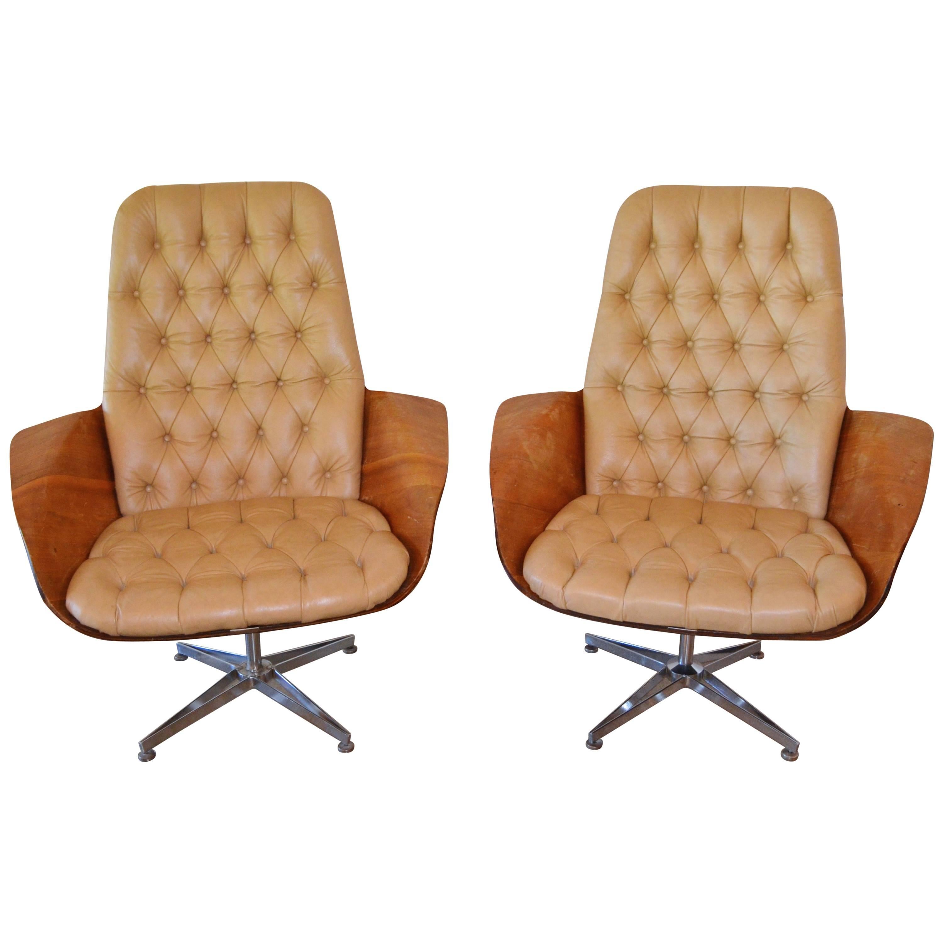 Bentwood and Leather Swivel Chairs by Mulhauser for Plycraft