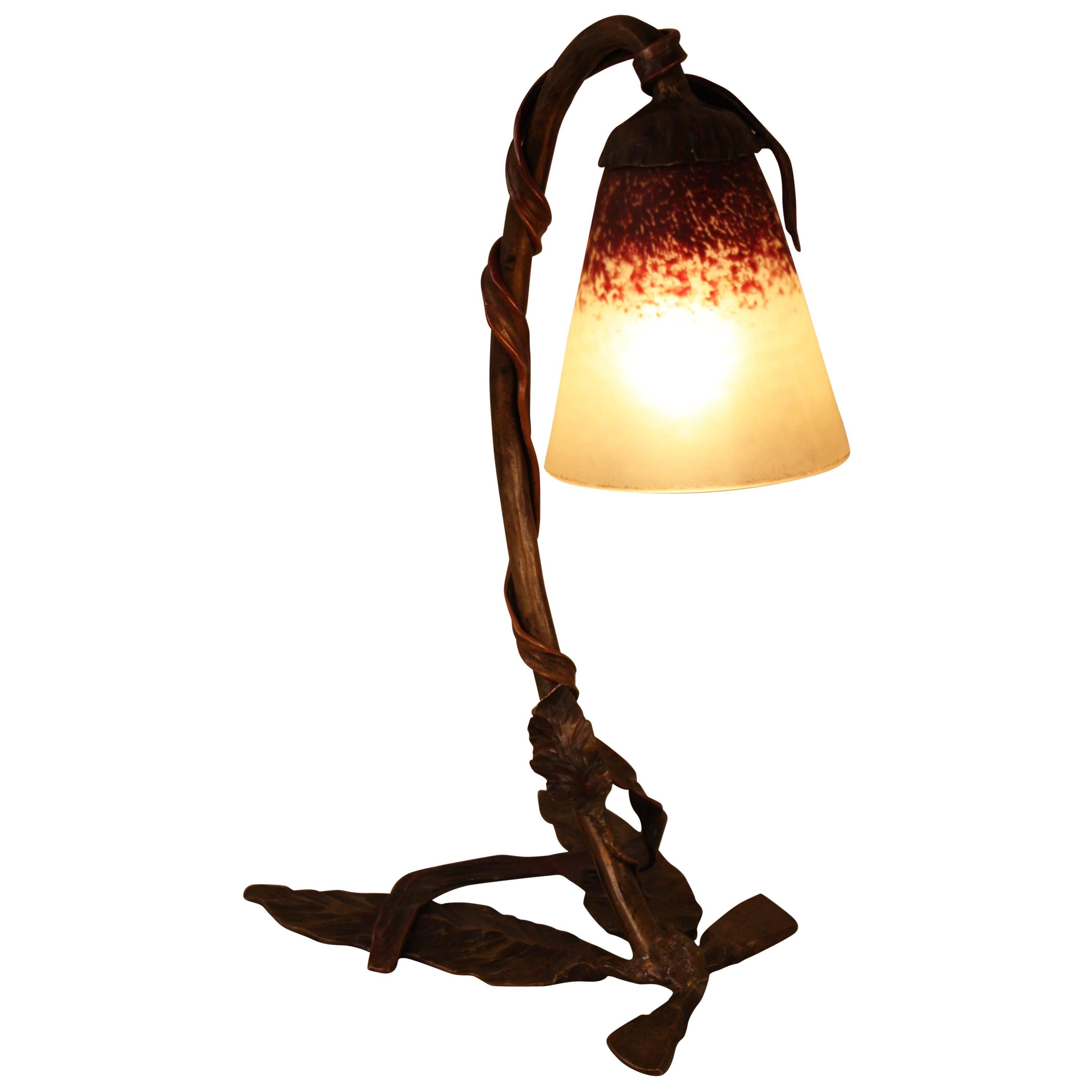 Bronze Art Nouveau Table Lamp with Charles Schneider Glass Shade