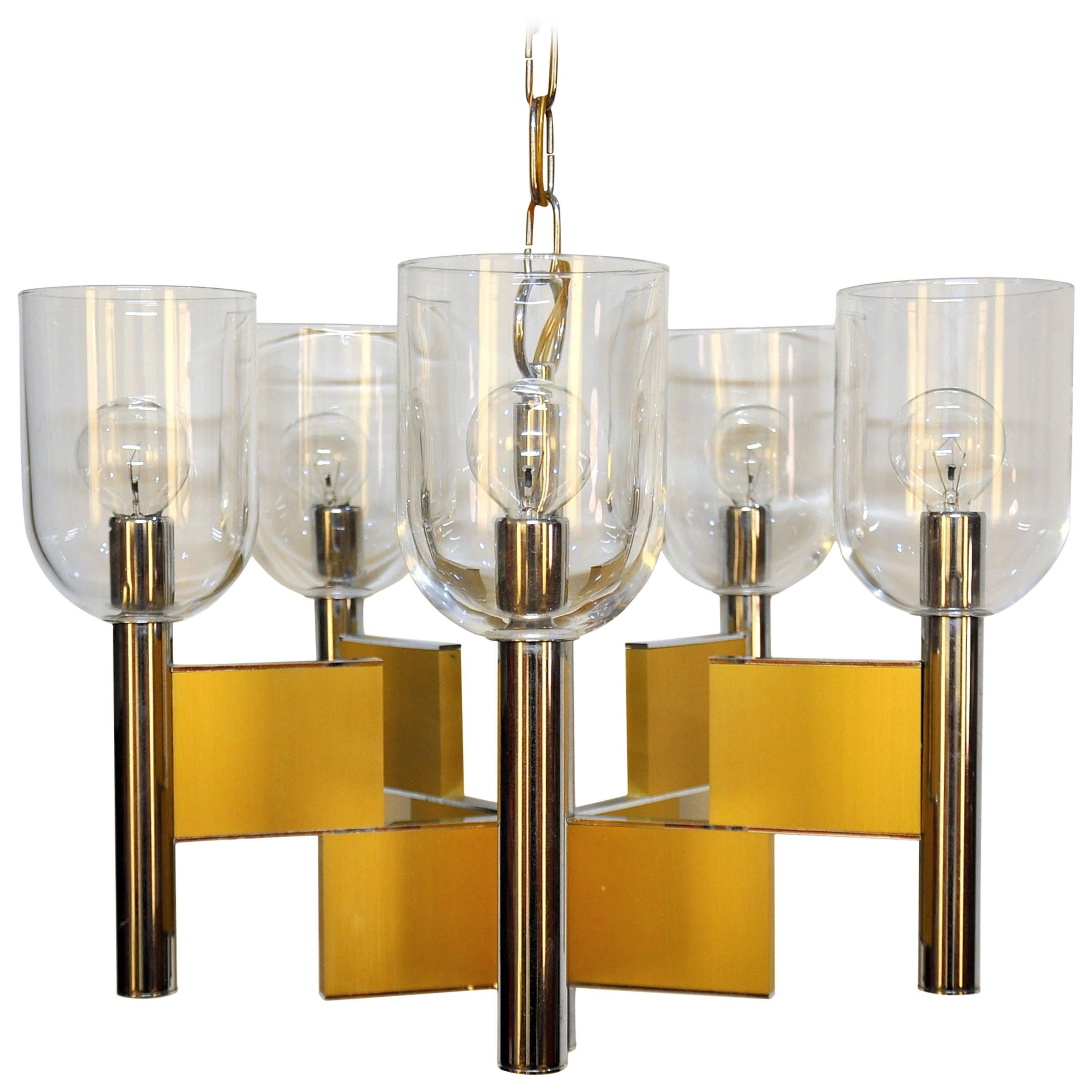 Gaetano Sciolari Geometric Brass, Chrome and Glass Chandelier