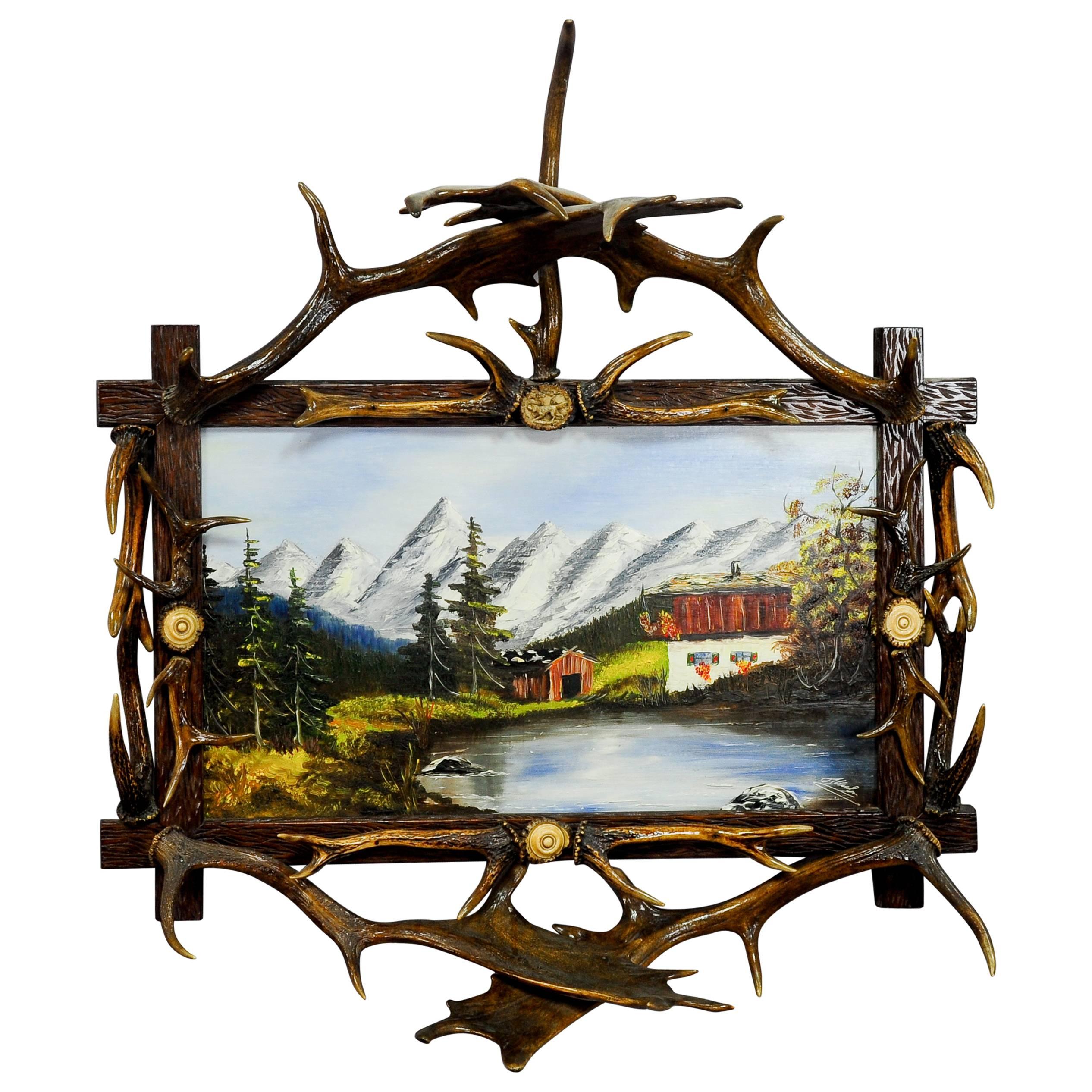 Antique Antler Frame with Naive Alpine Oil Painting