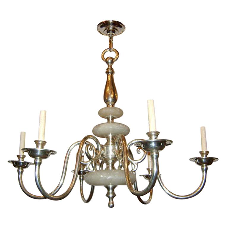 Silvered Bronze Chandelier with Alabaster For Sale