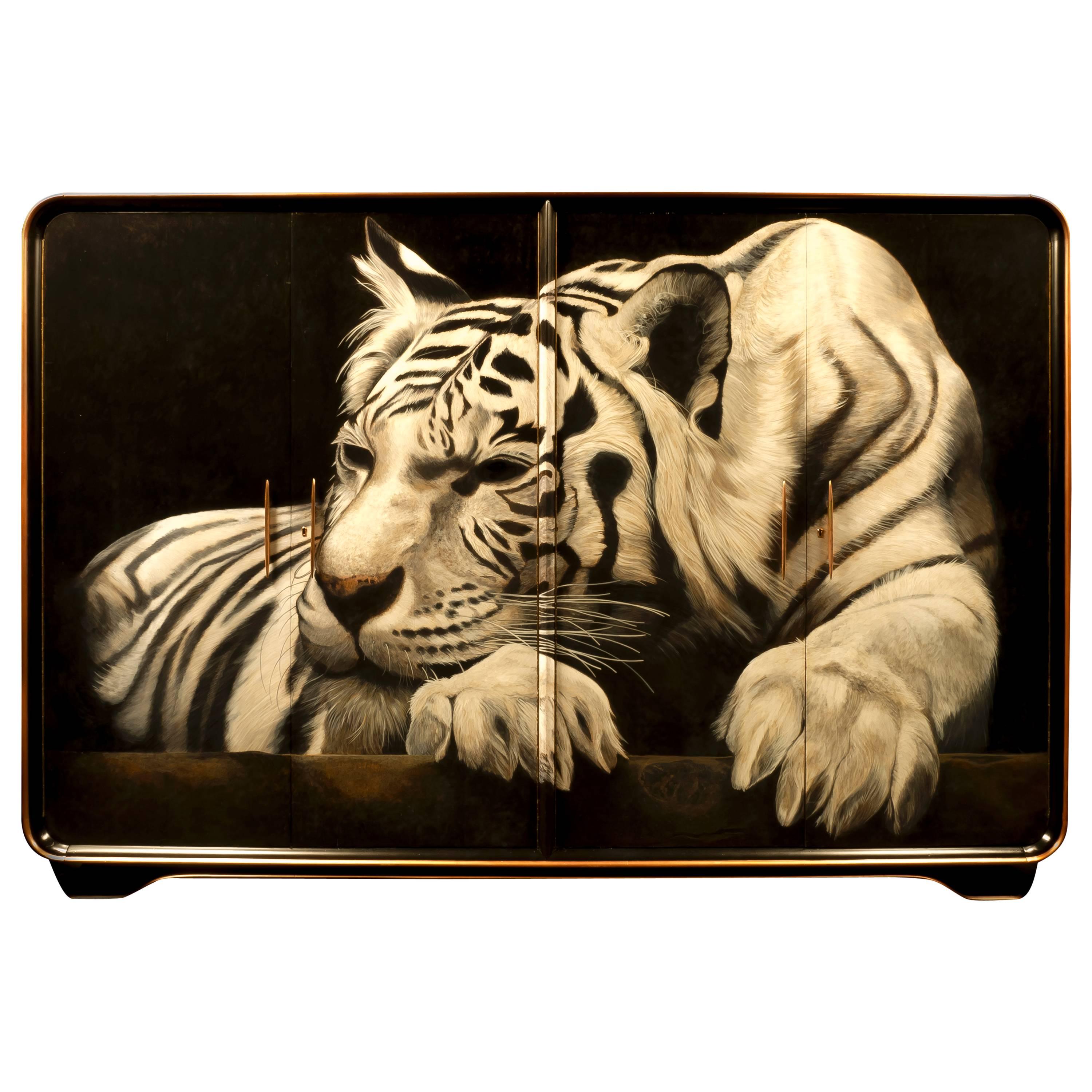 1940s Gentleman's Wardrobe with Giant White Tiger Hand-Painted by Kensa Designs For Sale