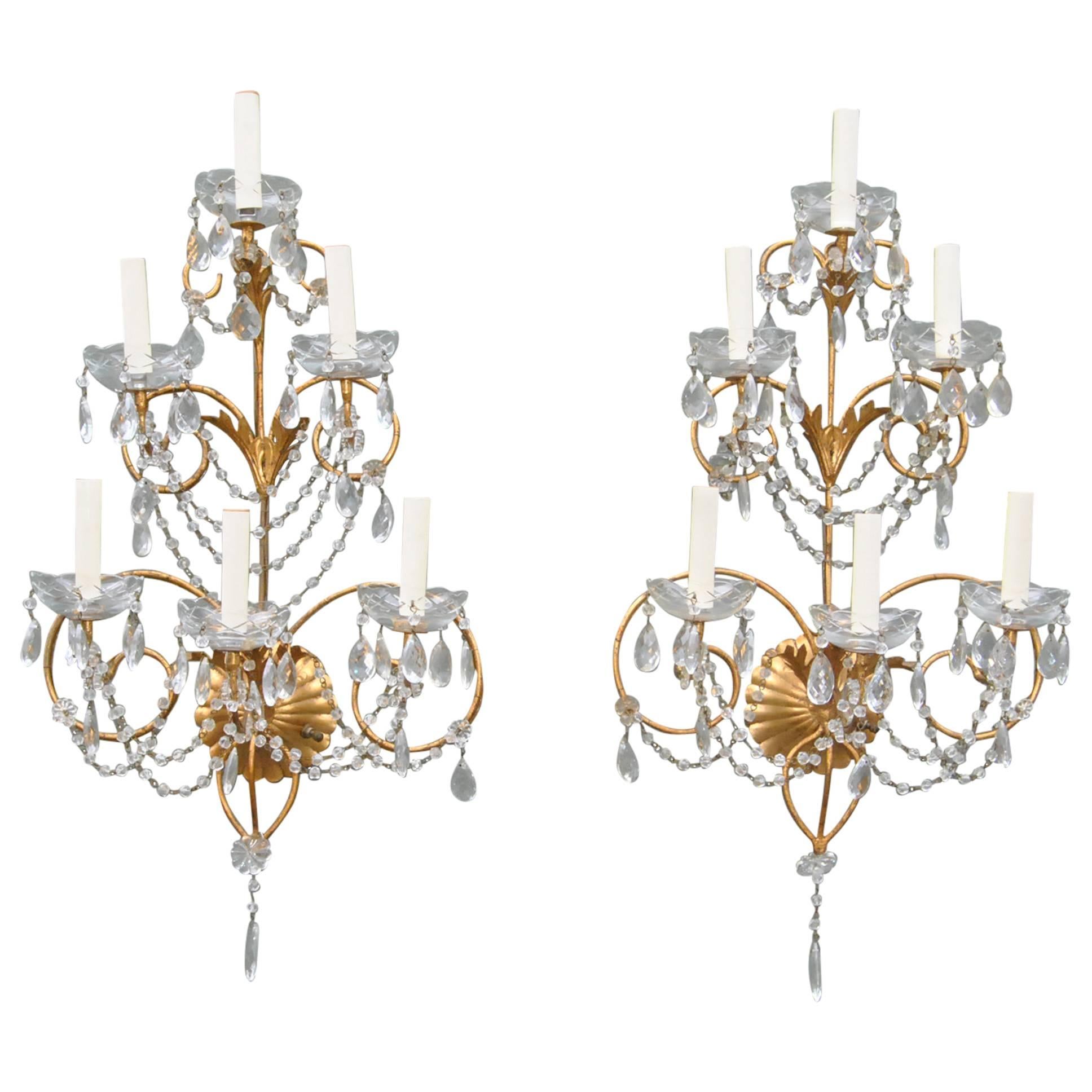 Pair of Italian Maria Theresa Style Crystal and Gold Wall Sconces