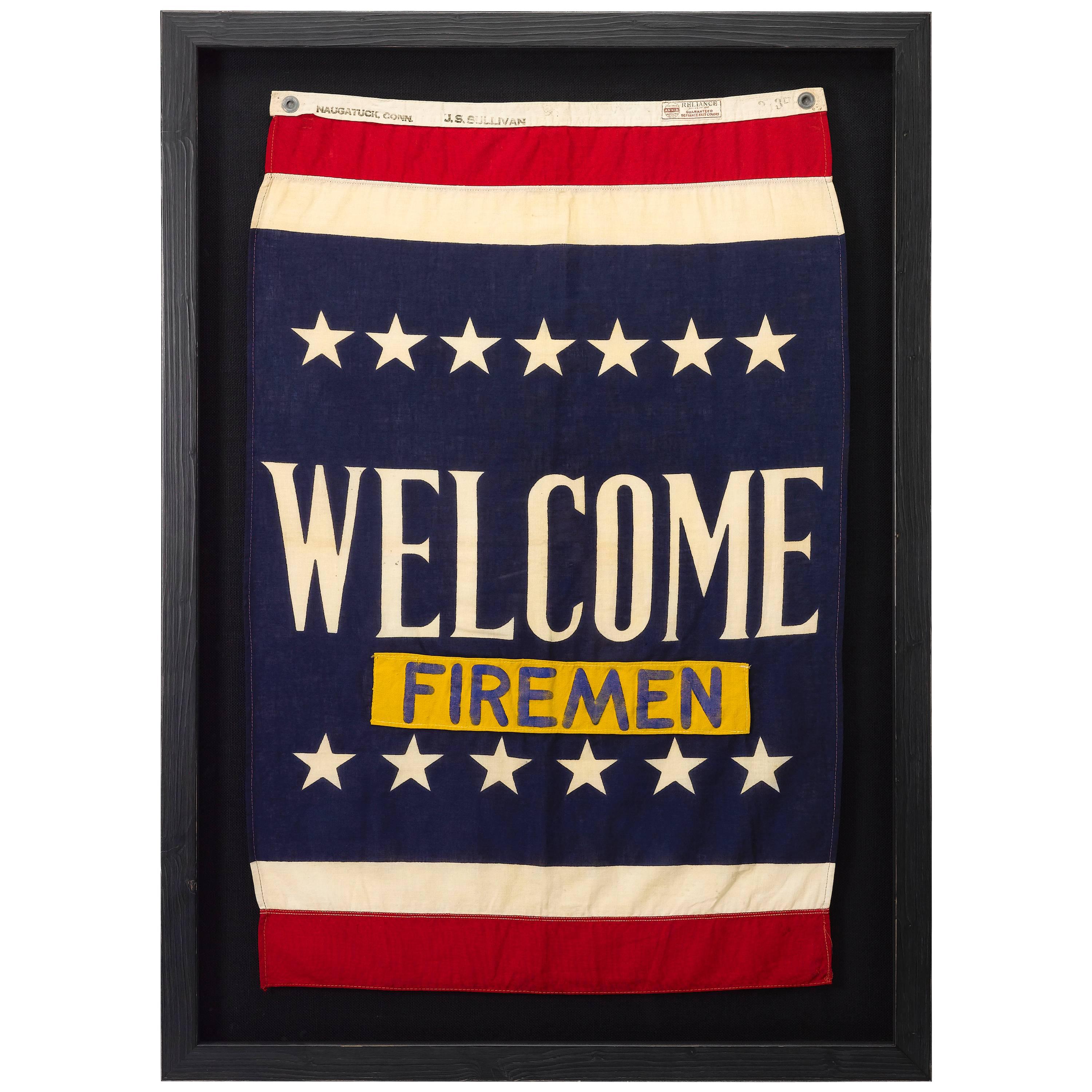 Vintage WWII U.S. Navy Patriotic Banner, "Welcome Firemen" Flag, circa 1941-1945