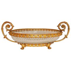 Wonderful French Dore Bronze and Cut Crystal Oval Centerpiece Lions Feet Handles
